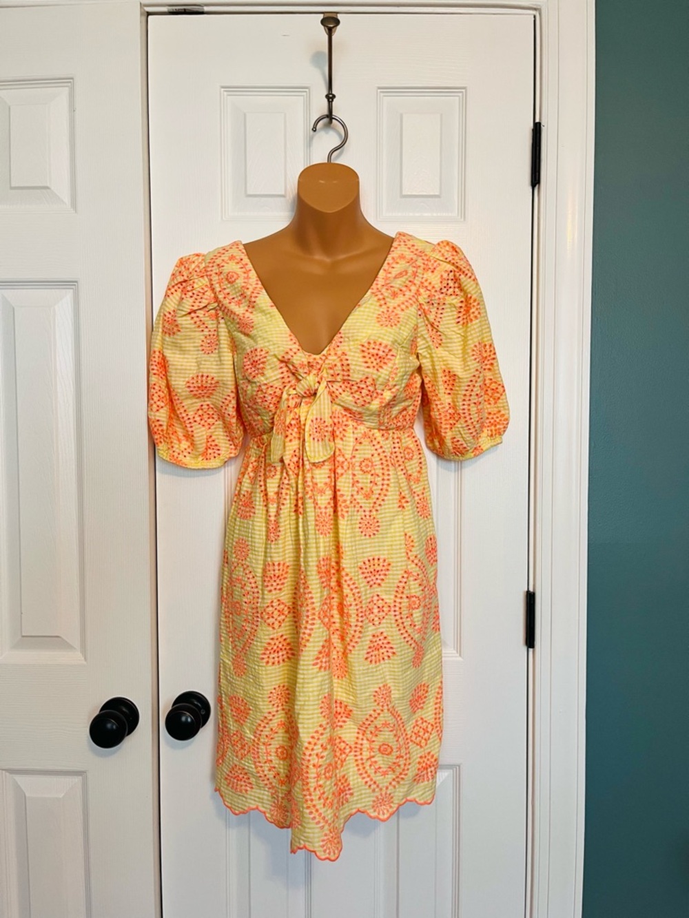 Lilly Pulitzer Yellow & Coral Tie-Front Puff Sleeve Midi Dress